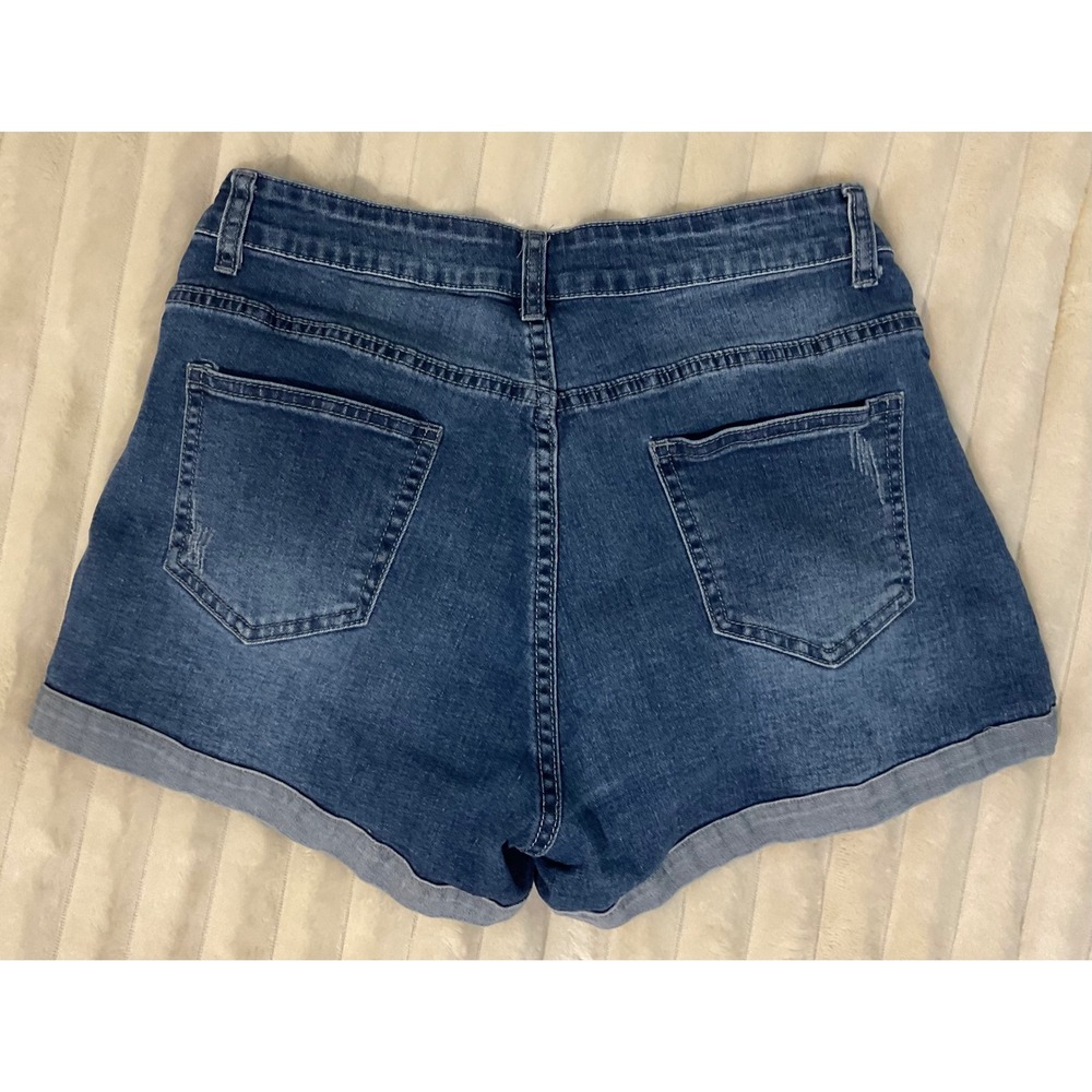 Womens Distressed Medium Wash Cuffed Denim Jean Shorts Size M Blue Mid Rise - Picture 2 of 6